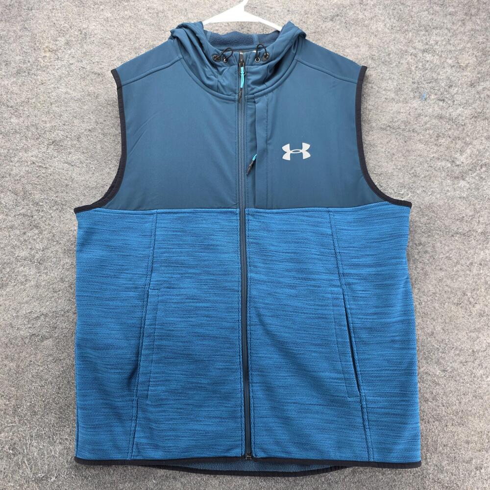 Under Armour Vest Mens L Blue Quilted Hooded Full Zip Lined Pockets Insulated
